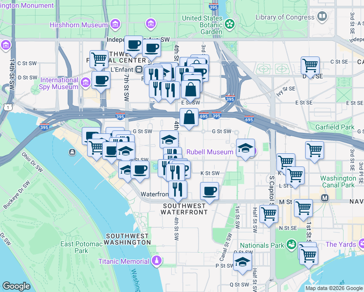 map of restaurants, bars, coffee shops, grocery stores, and more near 101 Independence Avenue Southeast in Washington