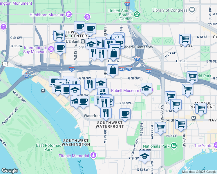 map of restaurants, bars, coffee shops, grocery stores, and more near 101 Independence Avenue Southeast in Washington