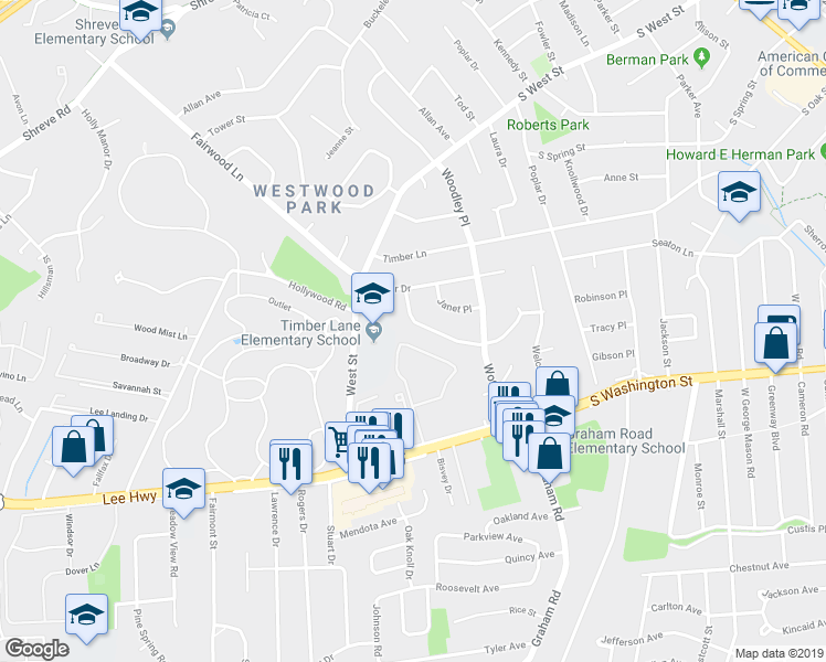 map of restaurants, bars, coffee shops, grocery stores, and more near 7239 Deborah Drive in Falls Church