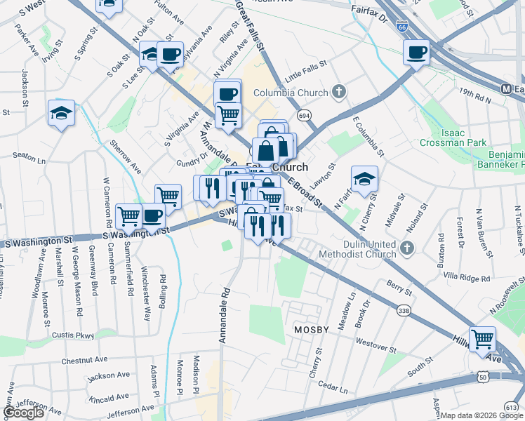 map of restaurants, bars, coffee shops, grocery stores, and more near 100 East Fairfax Street in Falls Church