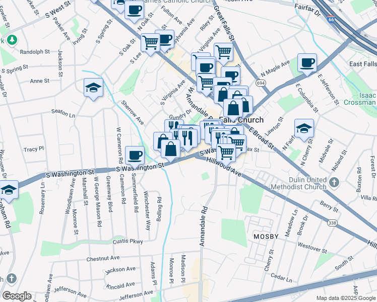 map of restaurants, bars, coffee shops, grocery stores, and more near 420 South Washington Street in Falls Church