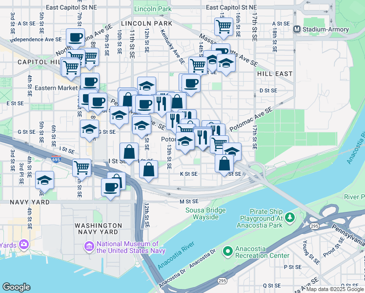 map of restaurants, bars, coffee shops, grocery stores, and more near 1391 Pennsylvania Avenue Southeast in Washington