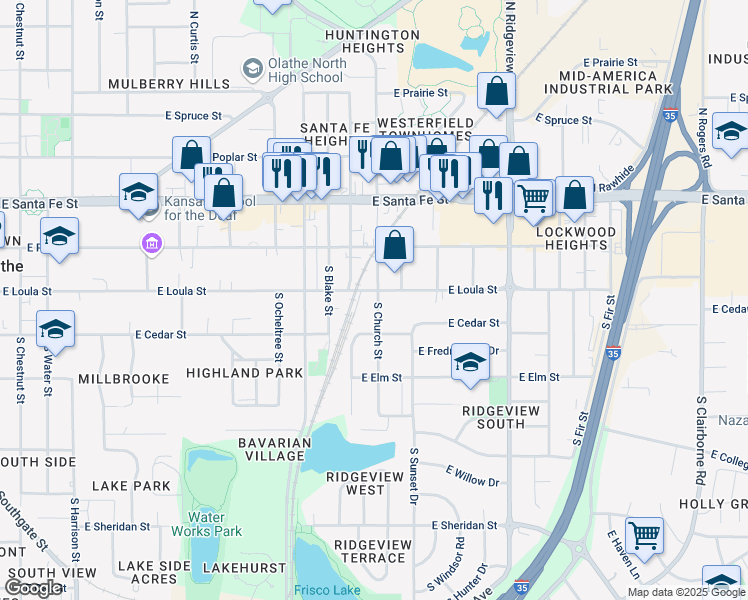 map of restaurants, bars, coffee shops, grocery stores, and more near 229 S Church St in Olathe