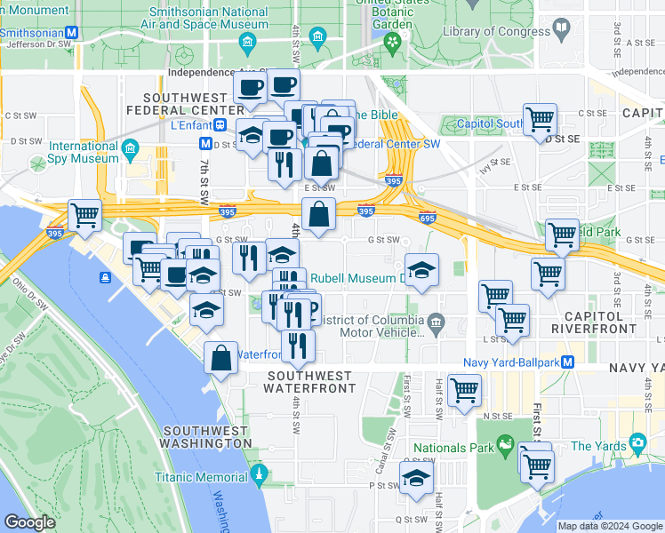 map of restaurants, bars, coffee shops, grocery stores, and more near 327 I Street Southwest in Washington