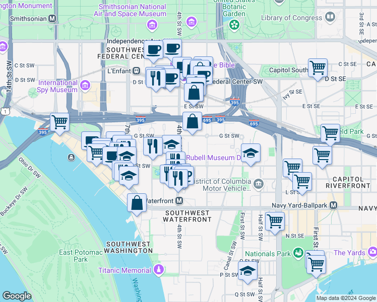 map of restaurants, bars, coffee shops, grocery stores, and more near 800 4th Street Southwest in Washington