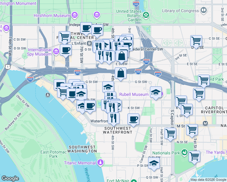 map of restaurants, bars, coffee shops, grocery stores, and more near 822-898 4th Street Southwest in Washington