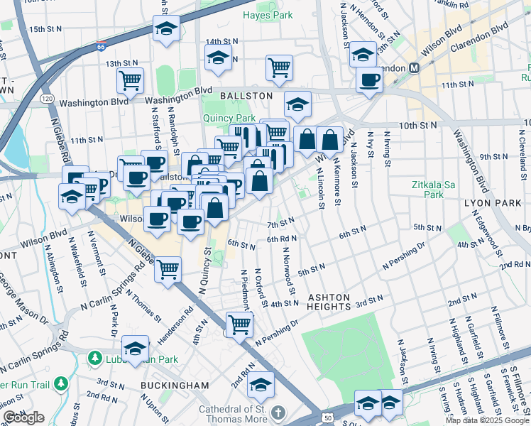 map of restaurants, bars, coffee shops, grocery stores, and more near 712 North Oakland Street in Arlington
