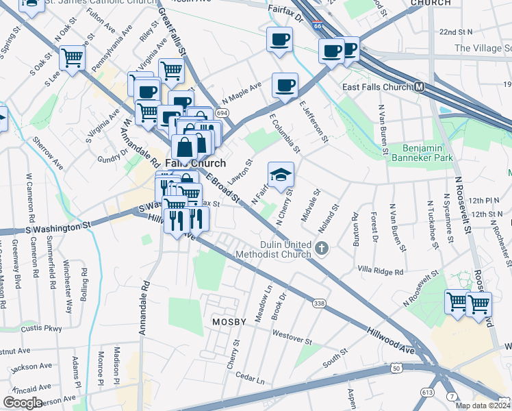 map of restaurants, bars, coffee shops, grocery stores, and more near 301 East Broad Street in Falls Church