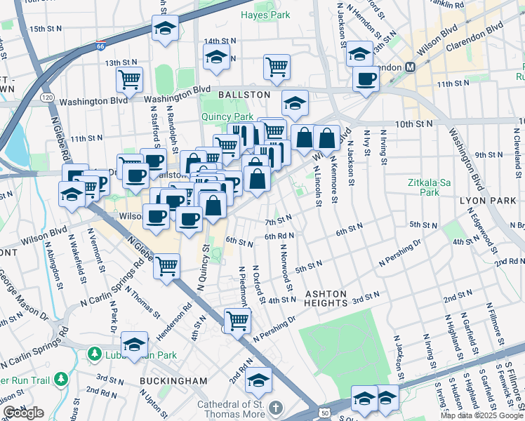 map of restaurants, bars, coffee shops, grocery stores, and more near 712 North Oakland Street in Arlington