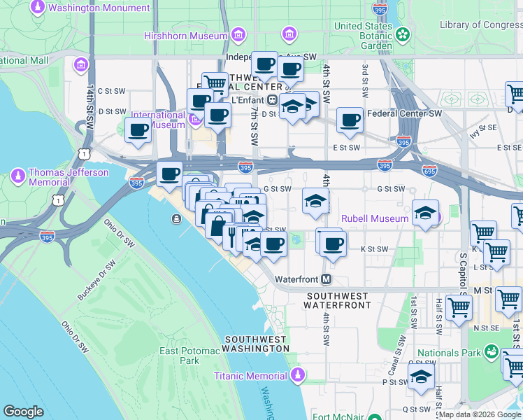map of restaurants, bars, coffee shops, grocery stores, and more near 101 Independence Avenue Southeast in Washington