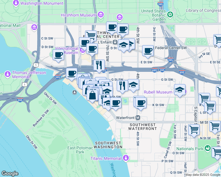 map of restaurants, bars, coffee shops, grocery stores, and more near 700 7th Street Southwest in Washington
