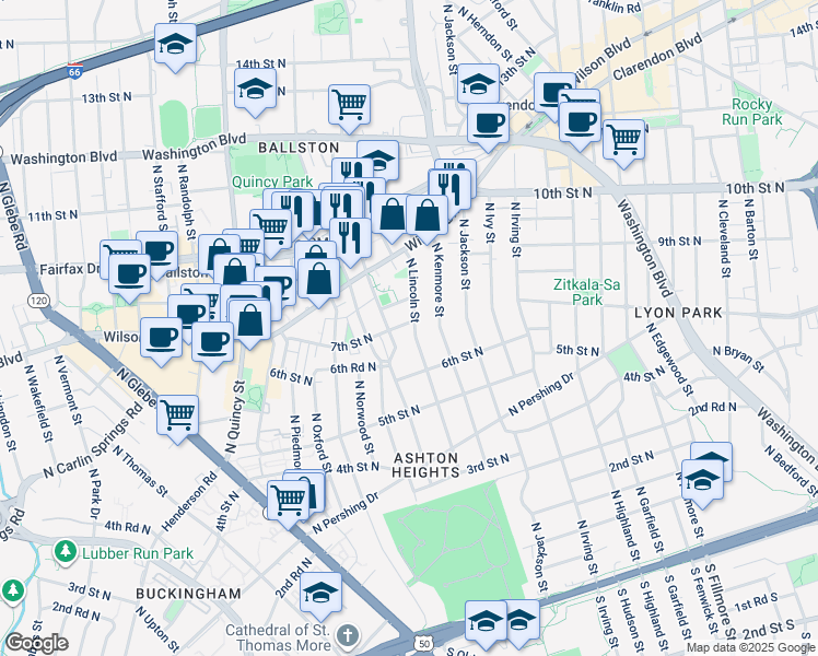 map of restaurants, bars, coffee shops, grocery stores, and more near 3500 7th Street North in Arlington