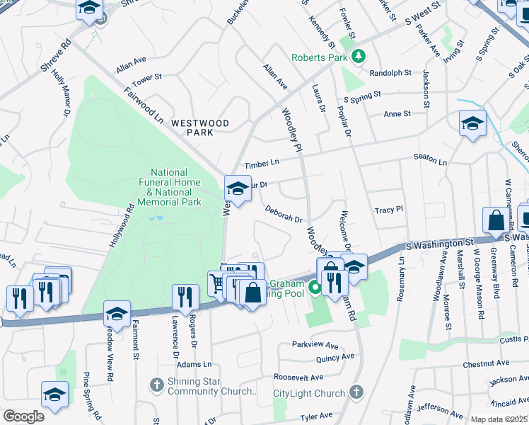 map of restaurants, bars, coffee shops, grocery stores, and more near 7239 Deborah Drive in Falls Church