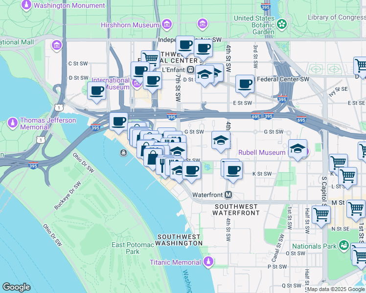 map of restaurants, bars, coffee shops, grocery stores, and more near 101 Independence Avenue Southeast in Washington