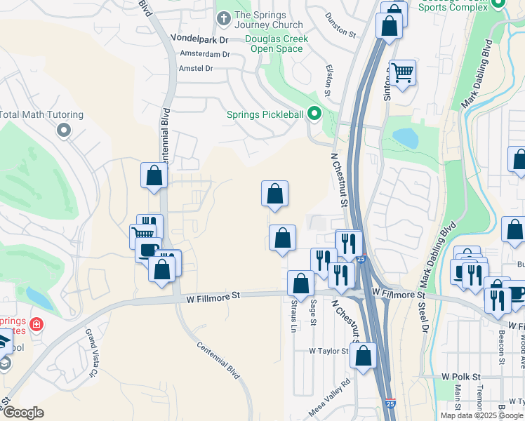 map of restaurants, bars, coffee shops, grocery stores, and more near 3355 Fillmore Ridge Heights in Colorado Springs