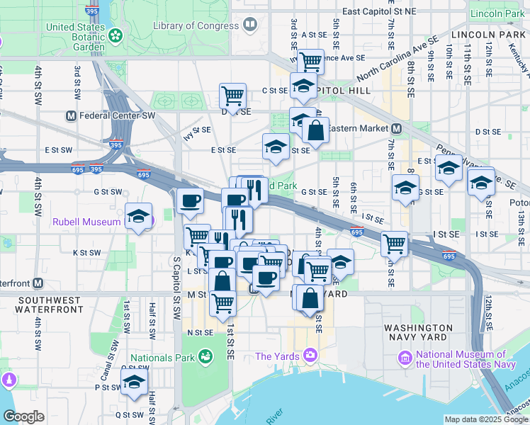map of restaurants, bars, coffee shops, grocery stores, and more near 101 Independence Avenue Southeast in Washington