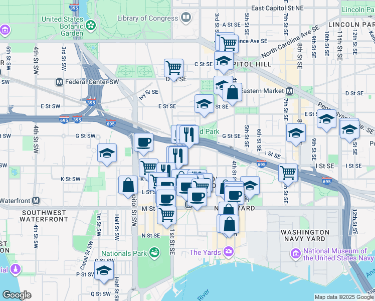 map of restaurants, bars, coffee shops, grocery stores, and more near 101 Independence Avenue Southeast in Washington