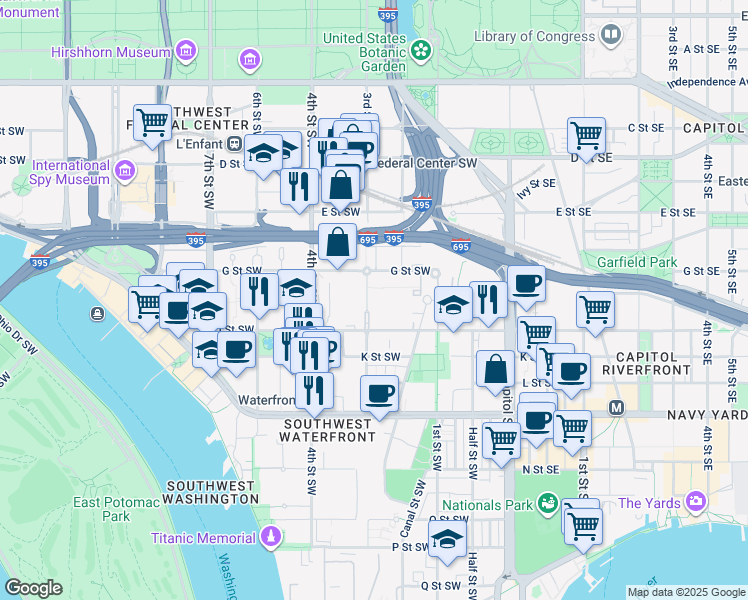 map of restaurants, bars, coffee shops, grocery stores, and more near 101 Independence Avenue Southeast in Washington