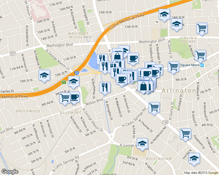 map of restaurants, bars, coffee shops, grocery stores, and more near 816 North Wakefield Street in Arlington