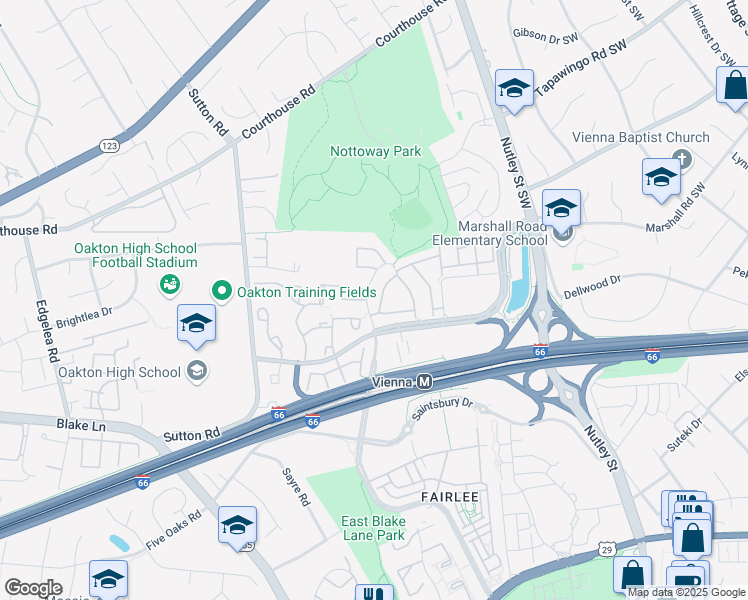 map of restaurants, bars, coffee shops, grocery stores, and more near 9505 Lagersfield Circle in Vienna