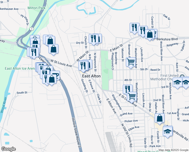 map of restaurants, bars, coffee shops, grocery stores, and more near in East Alton