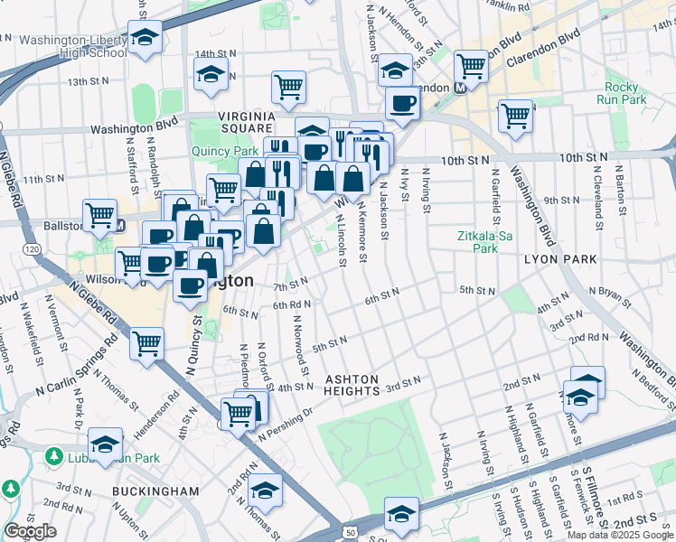 map of restaurants, bars, coffee shops, grocery stores, and more near 3500 7th Street North in Arlington