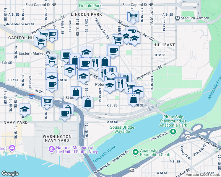 map of restaurants, bars, coffee shops, grocery stores, and more near 101 Independence Avenue Southeast in Washington