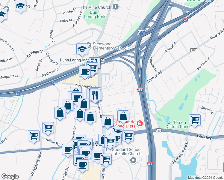 map of restaurants, bars, coffee shops, grocery stores, and more near 2763 Manhattan Place in Vienna