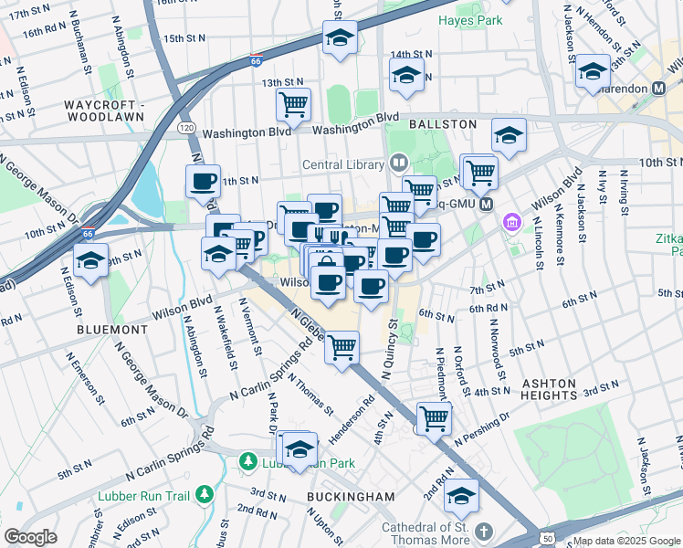 map of restaurants, bars, coffee shops, grocery stores, and more near 4121 Wilson Boulevard in Arlington