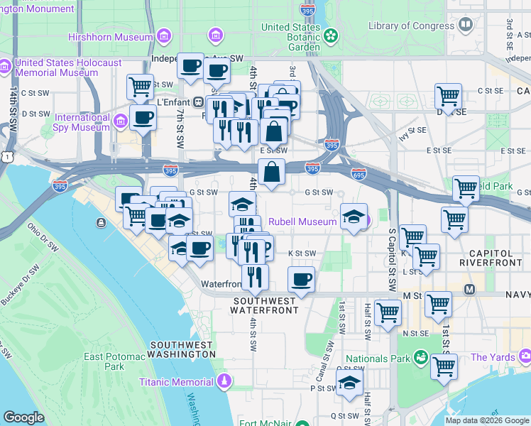 map of restaurants, bars, coffee shops, grocery stores, and more near 800 4th Street Southwest in Washington