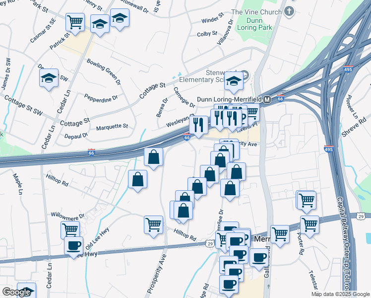 map of restaurants, bars, coffee shops, grocery stores, and more near 2704 Dorr Avenue in Fairfax