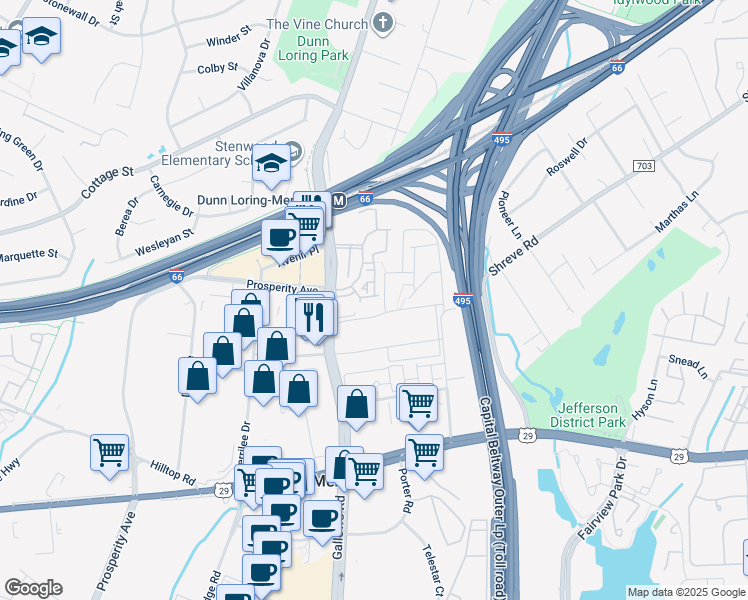 map of restaurants, bars, coffee shops, grocery stores, and more near 2759 Manhattan Place in Vienna