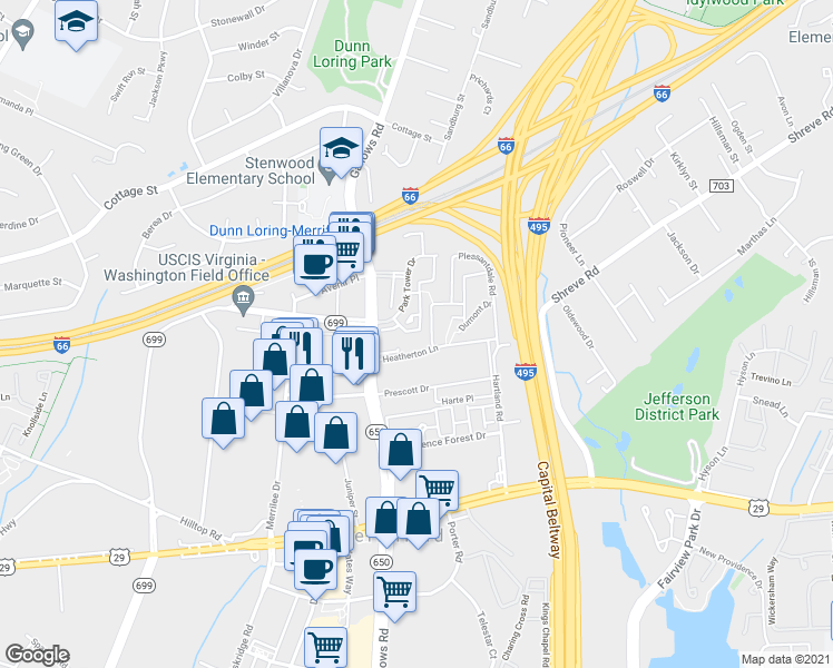 map of restaurants, bars, coffee shops, grocery stores, and more near 2763 Manhattan Place in Vienna