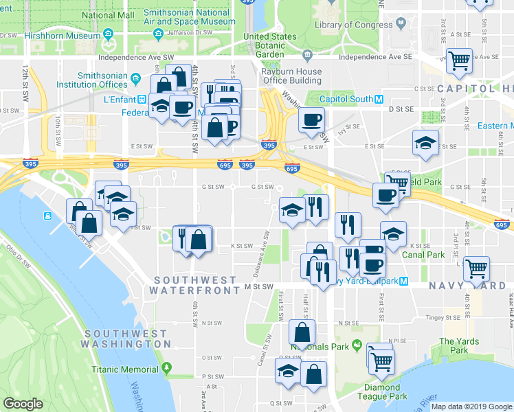 map of restaurants, bars, coffee shops, grocery stores, and more near 729 Delaware Avenue Southwest in Washington