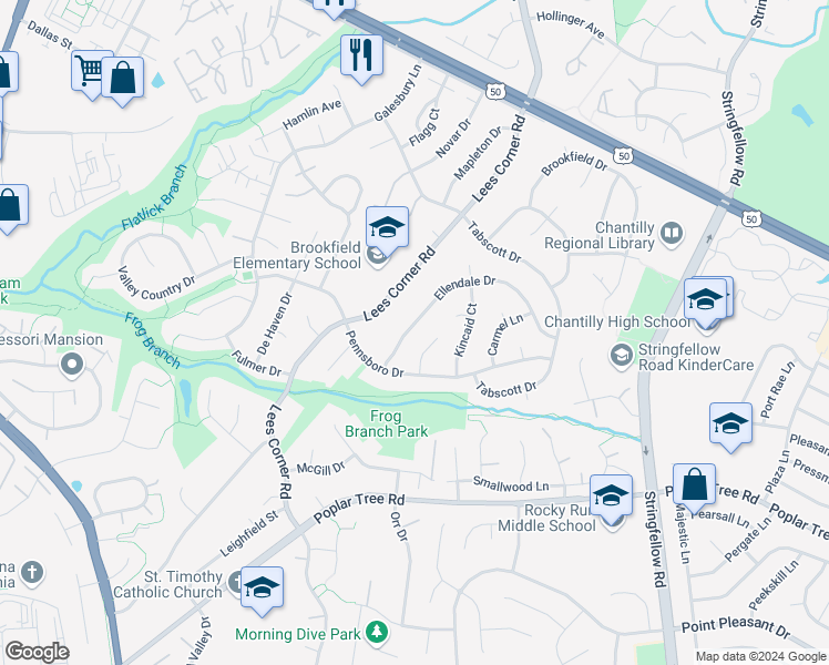 map of restaurants, bars, coffee shops, grocery stores, and more near 13623 Ellendale Drive in Chantilly