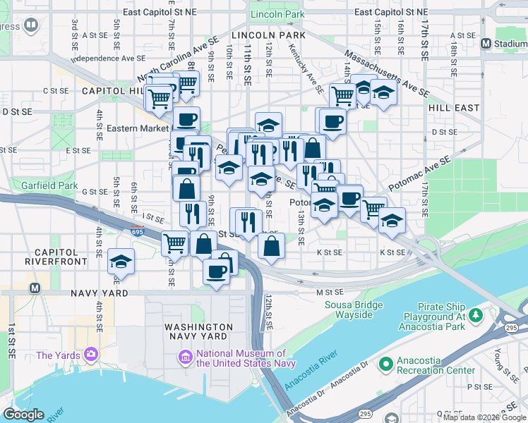 map of restaurants, bars, coffee shops, grocery stores, and more near 101 Independence Avenue Southeast in Washington