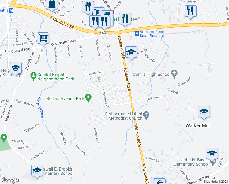 map of restaurants, bars, coffee shops, grocery stores, and more near 6228 Walbridge Street in Capitol Heights