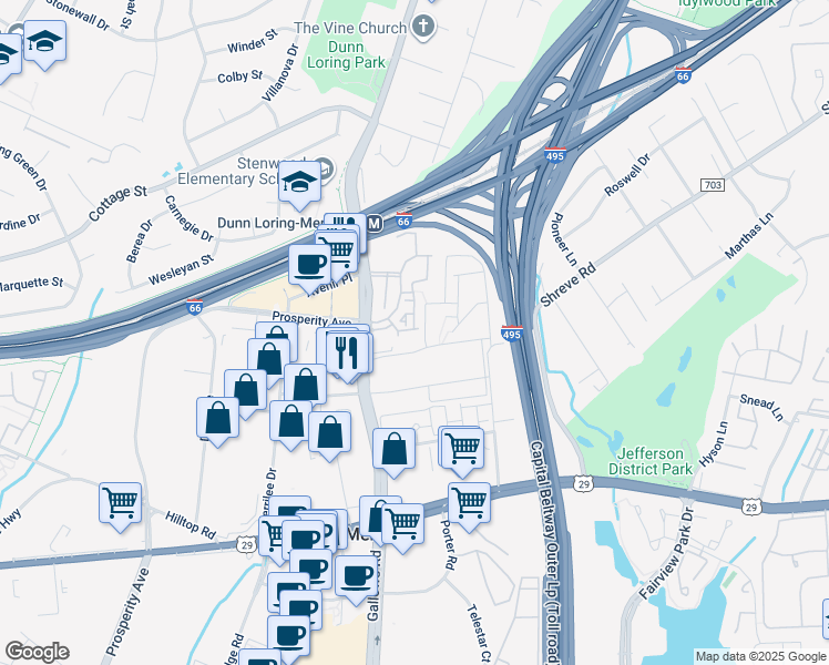 map of restaurants, bars, coffee shops, grocery stores, and more near 2759 Manhattan Place in Vienna