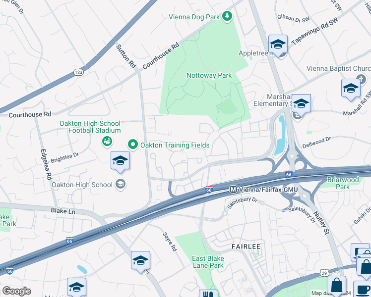 map of restaurants, bars, coffee shops, grocery stores, and more near 9679 Scotch Haven Drive in Vienna