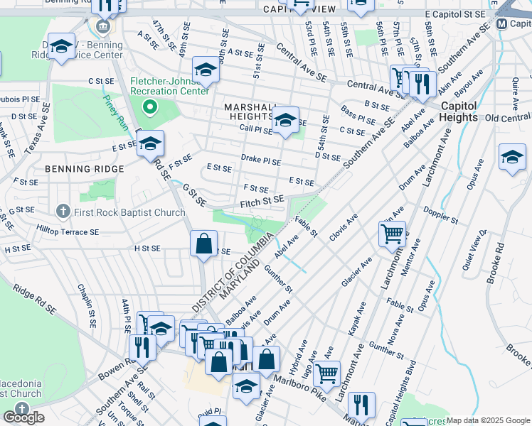 map of restaurants, bars, coffee shops, grocery stores, and more near 5119 Fitch Street Southeast in Washington
