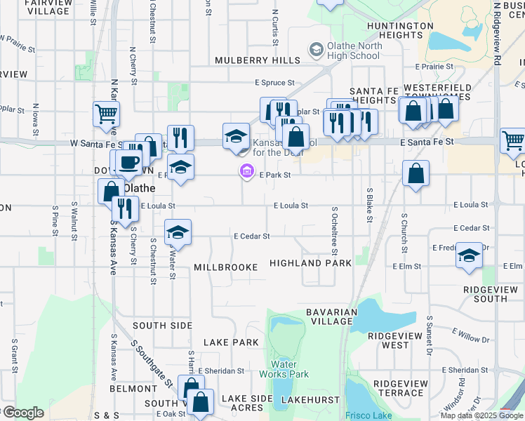 map of restaurants, bars, coffee shops, grocery stores, and more near 477 East Loula Street in Olathe