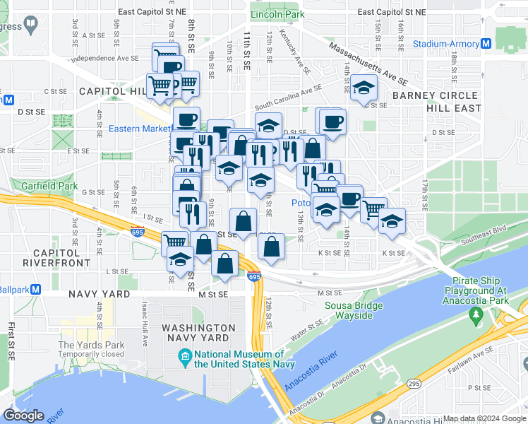 map of restaurants, bars, coffee shops, grocery stores, and more near 723 12th Street Southeast in Washington