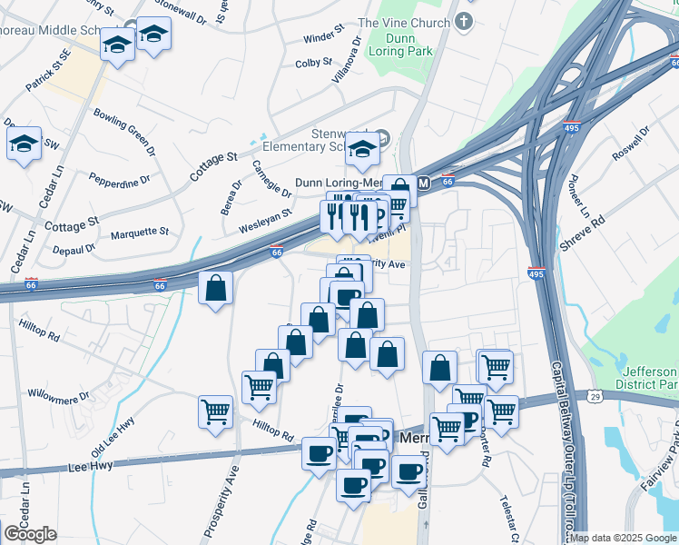 map of restaurants, bars, coffee shops, grocery stores, and more near 2665 Prosperity Avenue in Fairfax