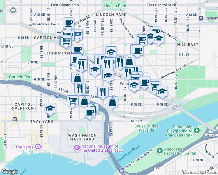 map of restaurants, bars, coffee shops, grocery stores, and more near 723 12th Street Southeast in Washington