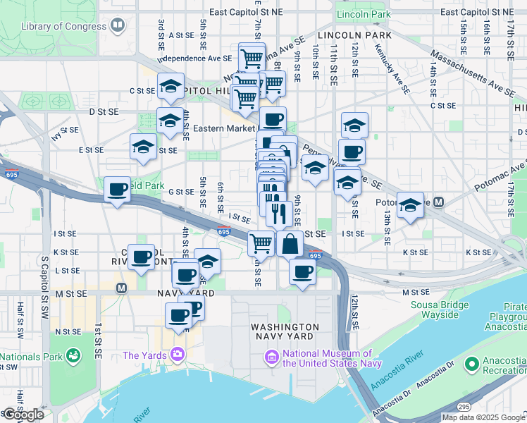 map of restaurants, bars, coffee shops, grocery stores, and more near 730 7th Street Southeast in Washington