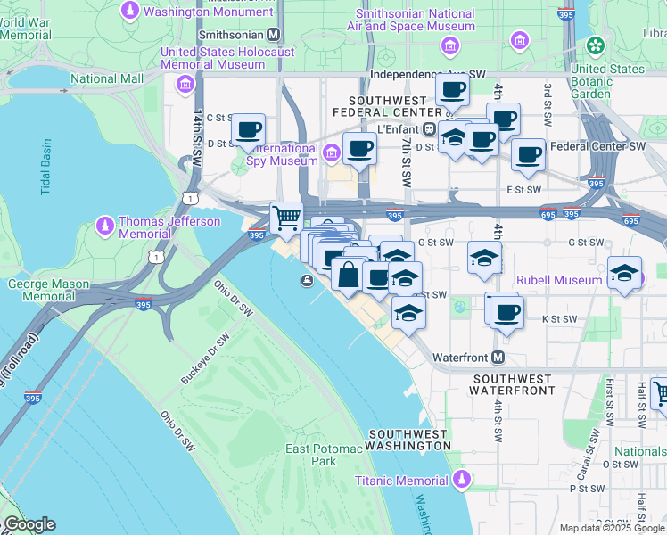 map of restaurants, bars, coffee shops, grocery stores, and more near 101 Independence Avenue Southeast in Washington