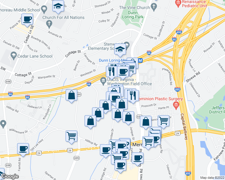 map of restaurants, bars, coffee shops, grocery stores, and more near 2665 Prosperity Avenue in Fairfax