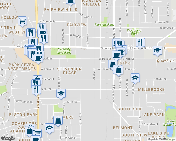 map of restaurants, bars, coffee shops, grocery stores, and more near 519 West Loula Street in Olathe