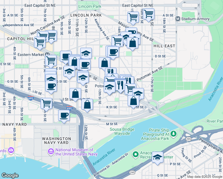 map of restaurants, bars, coffee shops, grocery stores, and more near 1391 Pennsylvania Avenue Southeast in Washington