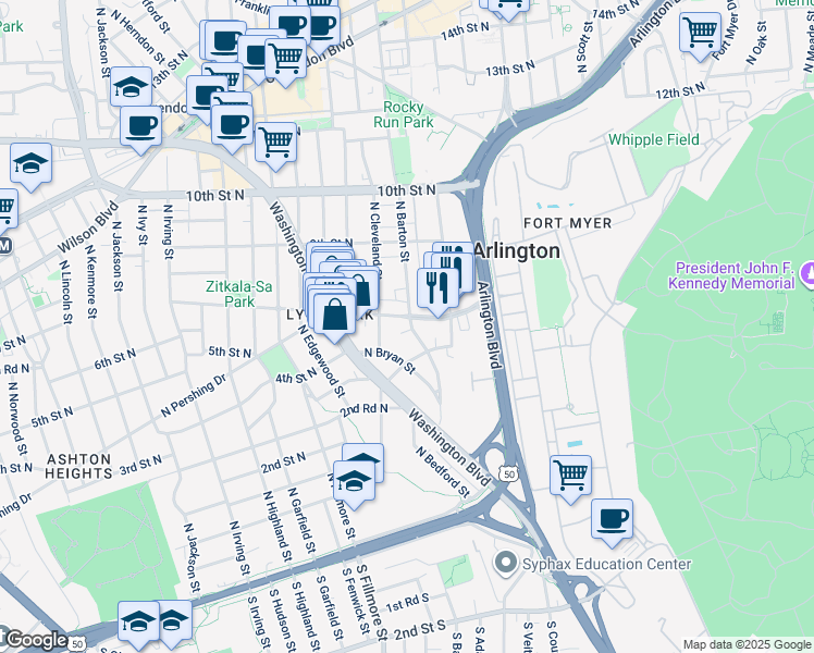 map of restaurants, bars, coffee shops, grocery stores, and more near 400 North Barton Street in Arlington